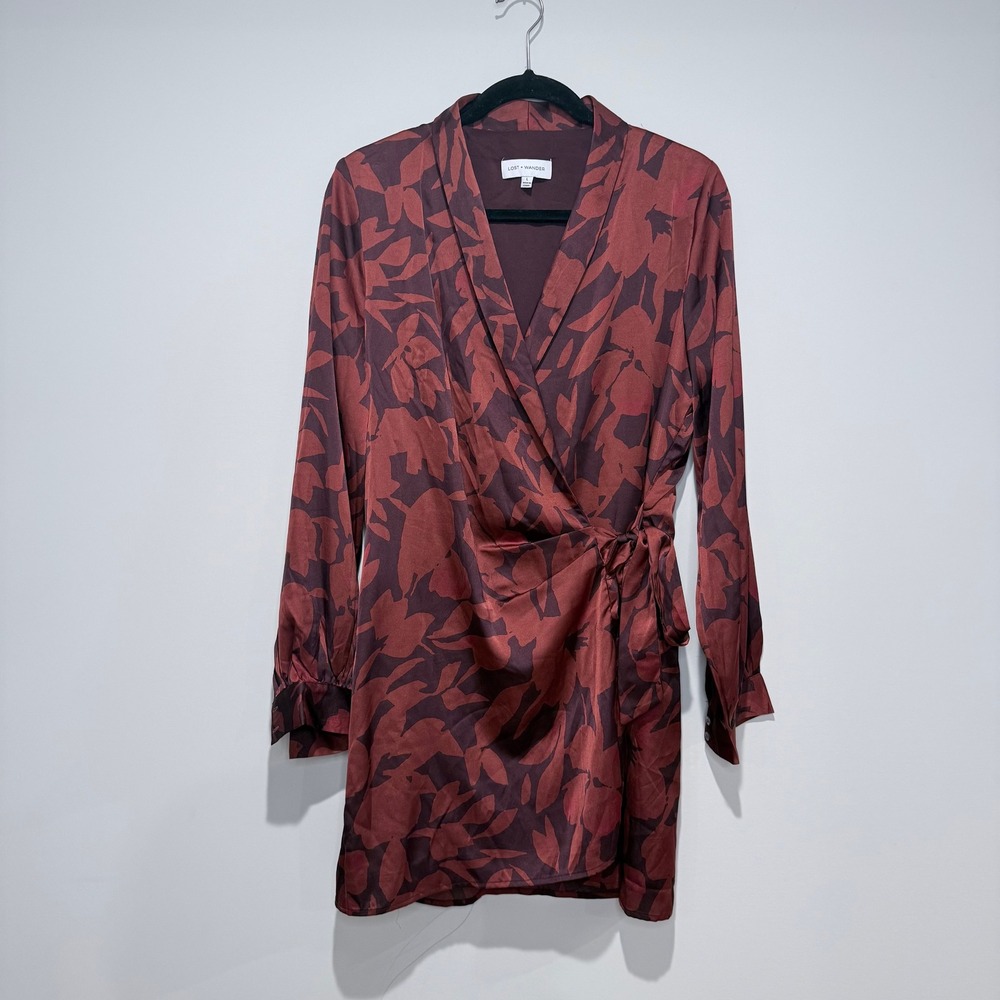 LOST & WANDER Helene Floral Long Sleeve Wrap‎ Satin Mini Dress Brown Size L